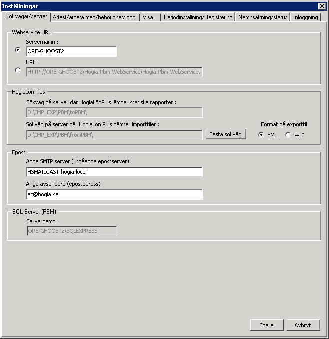 Hogia PBM Time & Project 13.4 2013-10-11 59 (64) Ange i Servernamn Ange sökväg där HogiaLön Plus hämtar filer, fysisk mapp på samma server som Hogia.PBM.Admin är installerad på (serverns sökväg) den skall delas ut till Löneadministratör(er).