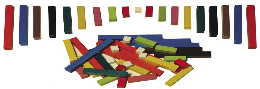 FÄRGSTAVAR i trä! MATEMATIK 29 CUISENAIRE-PEDAGOGIKEN 126 stavar i tygpåse Denna sats innehåller 126 färgstavar i trä och en tygpåse. Den minsta staven är 1 cm lång och den största är 10 cm lång.