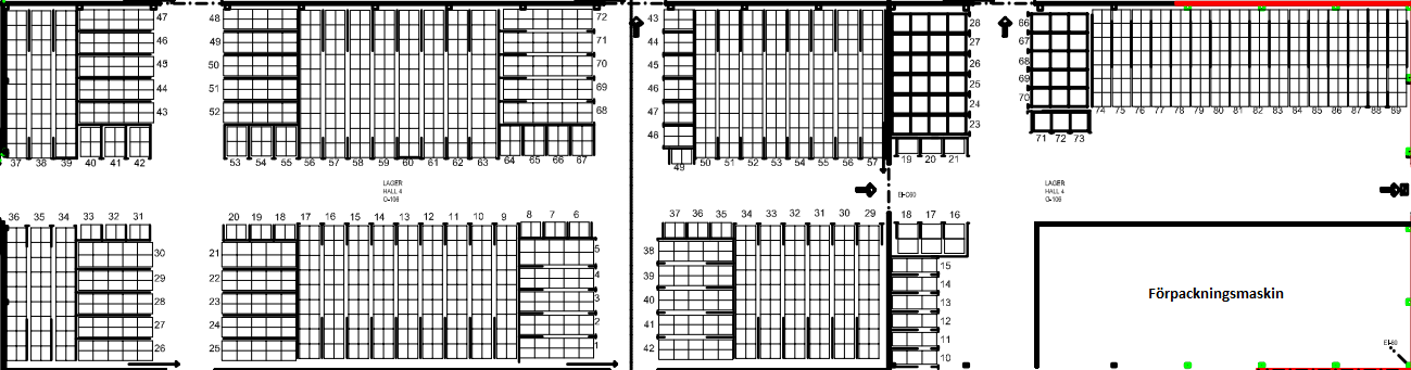 Figur 50 Hall 4 Hall 9 är i princip ett renodlat färdigvarulager och har en blandad lagerlayout som åskådliggörs i Figur 51 nedan.