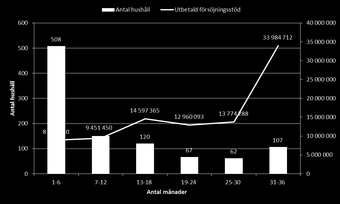 Antal hushåll och månader med försörjningsstöd, 2010-2012 11% av alla aktuella hushåll mellan 2010 och 2012 har varit aktuella mellan 31-36 månader.