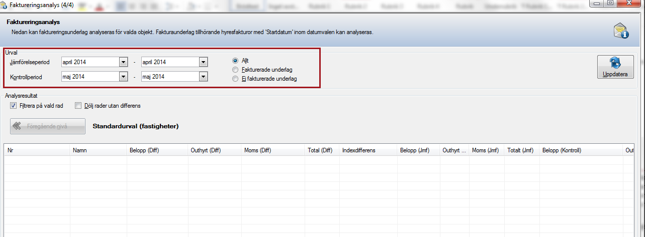 Du väljer själv vilka avgiftstyper som ska ingå i analysen. Då Hyra markeras i checkboxen markeras alla avgifter som är kodade som hyra. Likadant med boxen Tillägg/Avdrag.