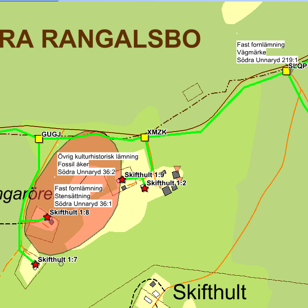 84 Vägmärke Södra Unnaryd 219:1 Fast fornlämning 85 Stensättning Södra Unnaryd 36:1 Fast fornlämning 86 Fossil åker Södra Unnaryd 36:2 Övrig kulturhistorisk lämning 84: Förläggningen sker bakom