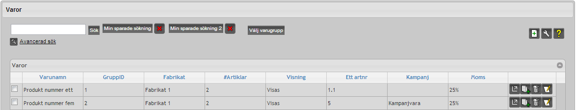 Varugrupp - motsvarar en grupp varor eller en kategori. Dessa syns normalt i produktträdet och är såsom dina besökare navigerar sig för att hitta till rätt vara.