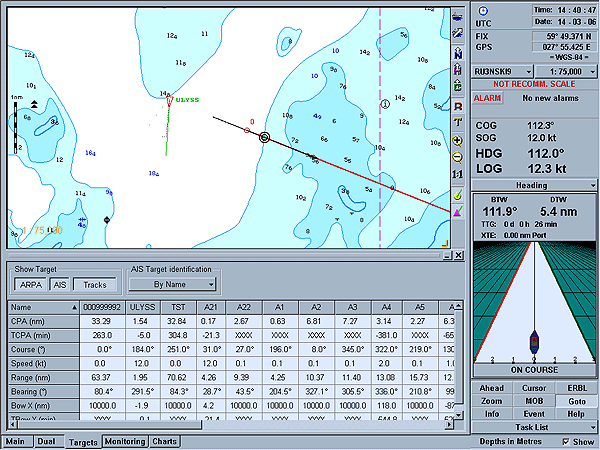 Målen presenteras direkt på sjökortet med en kursvektor som visar kurs& fart.