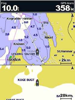 Använda sjökort Djupsiffror aktiverar eller avaktiverar lodade djup och ställer in ett farligt djup. Säkerhetsskugga identifierar valt djup.