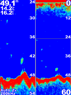 Använda ekolod Djup, temperatur och hastighet Djup, temperatur och hastighet Mätområde Skala för zoomat djup Zoomfönster Mätområde Zoomnivå Frekvenser Delad frekvens Skärmen Delad zoombild Använd den