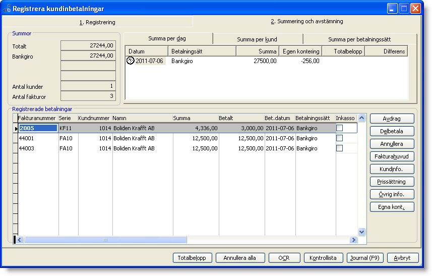 Summering och avstämning När du registrerat alla inbetalningar, skall du göra en slutavstämning genom att gå till fliken 2. Summering och avstämning.