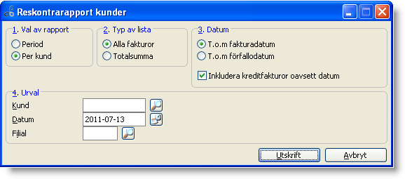 Reskontrarapport - Kunder Denna rapport tar endast med de obetalda fakturorna uppdelat på två olika rapporter.