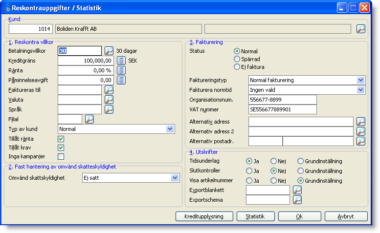 är tomma. Nedan går vi igenom de som har giltighet i kundreskontran. Betalningsvillkor. Hämtas automatiskt från grundinställningarna (inställning 421) eller kundregistreringsmallen när kunden skapas.