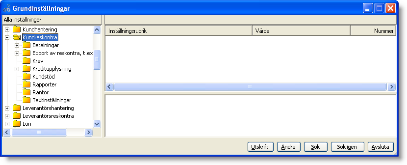 Grundinställningar I grundinställningarna anger du de grundvärden som skall gälla för kundreskontran som helhet. Här samlas inställningar för betalningar, krav, ränta, export mm.