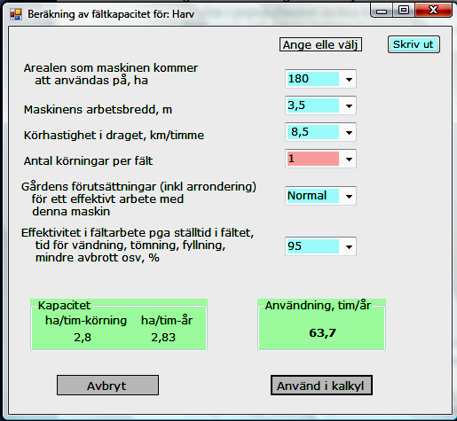 o Vid val av maskiner med arbetsbredd och som används upprepade gånger per fält och odlingssäsong, som t.ex. en harv, dyker popup-fönstret Beräkning av kapacitet för: harv upp automatiskt (Figur 25).