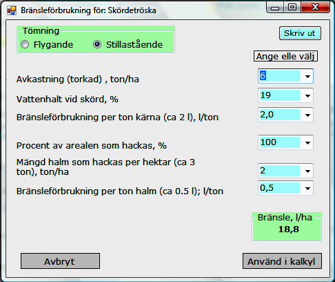 Bränsleförbrukningen för dessa maskiner anges i liter per hektar. Nedan följer tre exempel på popup-fönster för dessa maskintyper.