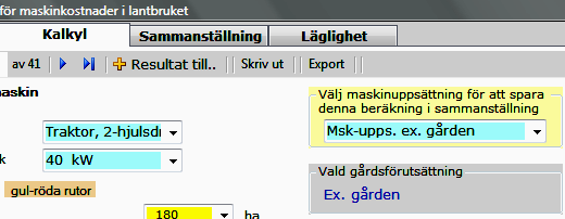 (3) (2) (1) Figur 47. Förutsättningsbladet med gårdens specifika förutsättningsvärden inmatade. 5.4 Kalkylbladet På Kalkylbladet görs själva maskinkostnadskalkylen.