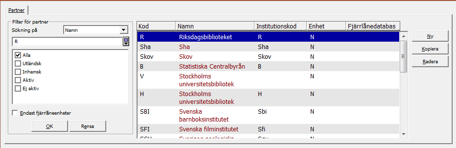 Listan på fjärrlånepartner (interna fjärrlåneenheter och externa leverantörer) visas i den övre rutan. Man kan använda funktionerna sökning och filtrering för att filtrera listan.