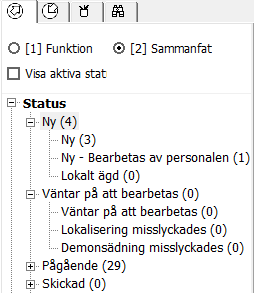 Funktionerna i fliken Inlån (läge Funktion) är Lista på beställningar fjärrinlån (med visning av antalet beställningar i listan), Beställning fjärrinlån (med visning av beställningsnummer och status