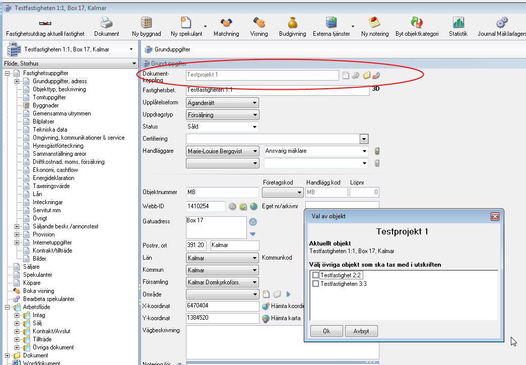 Dokumentkoppling-projekt Vissa dokument kan skrivas ut för flera fastigheter samtidigt om man har kopplat ihop dem.