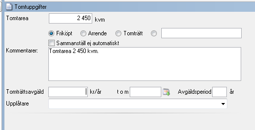 OBJEKTTYP, BESKRIVNING Fliken Objekttyp, beskrivning ser ut så här: Här kan du välja objekttyp och ange hur fastigheten ska marknadsföras på internet.