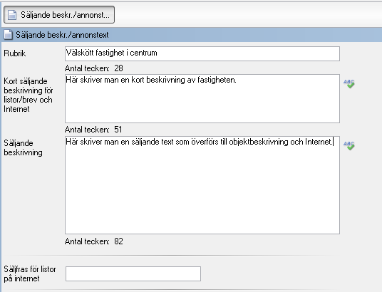 SÄLJANDE BESKRIVNING På nästa flik kan du skriva in en säljande beskrivning.