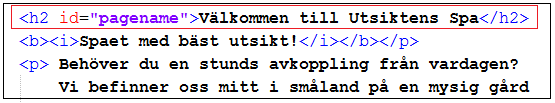 Bild 4, Webbplaststiteln och slogan i koden Webbsidtitel: Här väljs att använda en välkomnande text som förklarar att användaren är på en webbsida som handlar om Utsiktens Spa (bild 5).