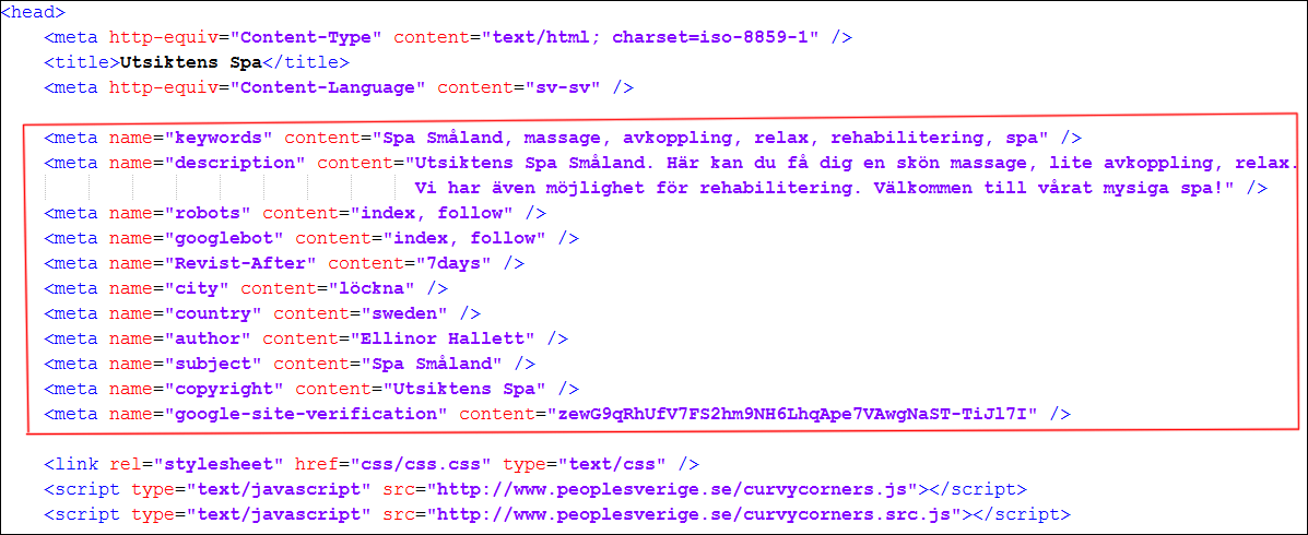 Bild 18, SEO metaelement För att se hela webbsidan, se bilaga 2. 4.