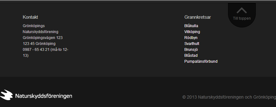 8. Sidfoten Längst ner på hemsidan finns ett svart fält som kallas sidfoten. Sidfoten är tänkt som en plats för tex kontaktinfo eller länkar, vilket läggs in med hjälp av widgets.