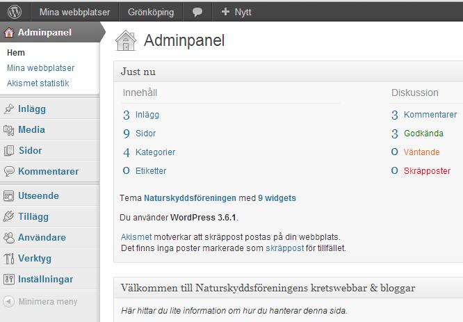 3. Adminpanelen hjärtat i wordpress När du har loggat in för första gången kommer du till hemsidans Adminpanel.