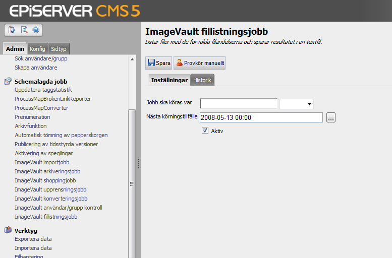 5.4. ImageVault fillistningsjobb Fillistningsjobbet genererar en lista med fördefinierade filtyper. Filtyperna adderas som en inställning, vilket beskrivs på sidan 15. Fillistan sparas som en textfil.