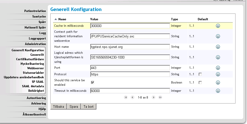 Figur 16: Gui för konfiguration av SPAR tjänsten. Ange adress till spartjänsten, vilken port och vilket protokoll man ska använda. Här kan man även ange om SPAR-tjänsten ska användas (enabled).