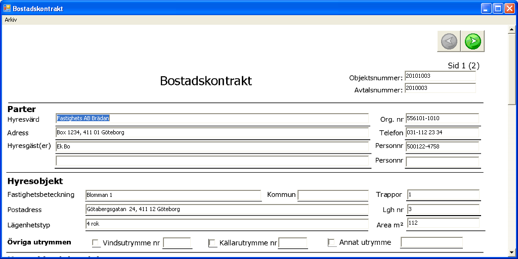 Här väljer du ett kontrakt genom att markera kontraktet och klicka på knappen Förhandsgranska.