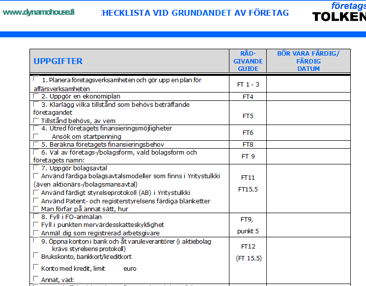 28 3.11 Checklista vid grundandet av ett företag När man grundar ett företag är det bra att kunna ha en sorts checklista, och här har också företagstolken en färdig mall för en checklista där man kan