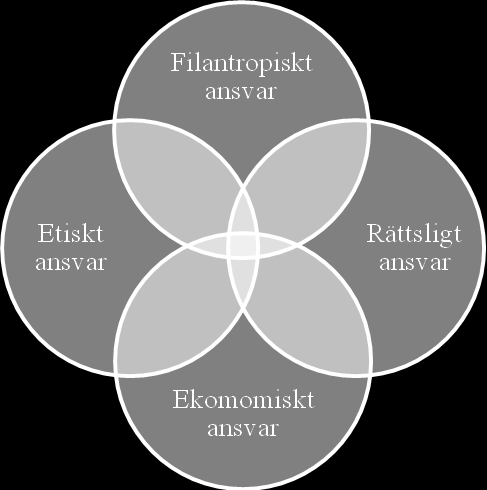 Concentric circle model of CSR: Denna modell (se nedan) av synsätt av integrerad CSR tyder på en ömsesidig relation mellan alla dessa delar av ansvar, där varje komponent är lika stor och lika viktig.