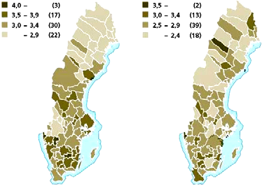 Figur 1 Genomsnittlig årlig procentuell tillväxt i regional inkomst (vänster) och regional arbetsproduktivitet (höger) 1994 2003.