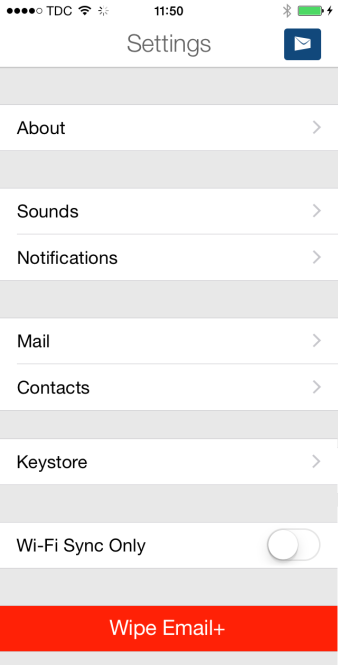 För att öppna inställningar tryck på Settings About Här finns det information om Email+ samt terms of service. Keystore Här finns information om vilka certifikat och nycklar som finns tillgängliga.