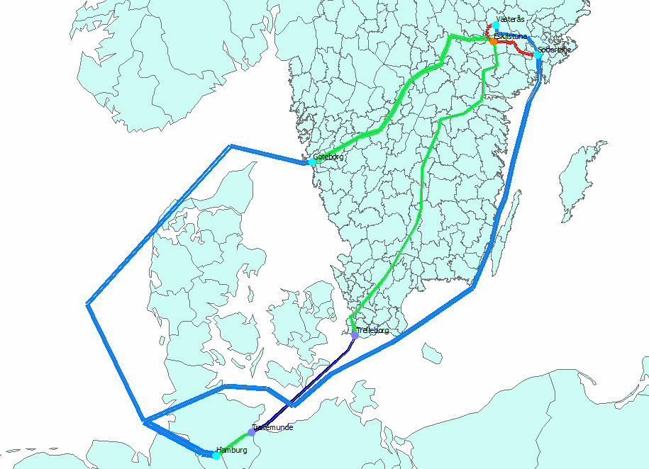 4 alternativa transportkedjor för containertransport Hamburg - Eskilstuna 1) GÖTEBORG - Fartyg (1035 TEU) Hamburg Göteborg, kombitåg Eskilstuna, lastbil 2) SÖDERTÄLJE - Fartyg (405 TEU)