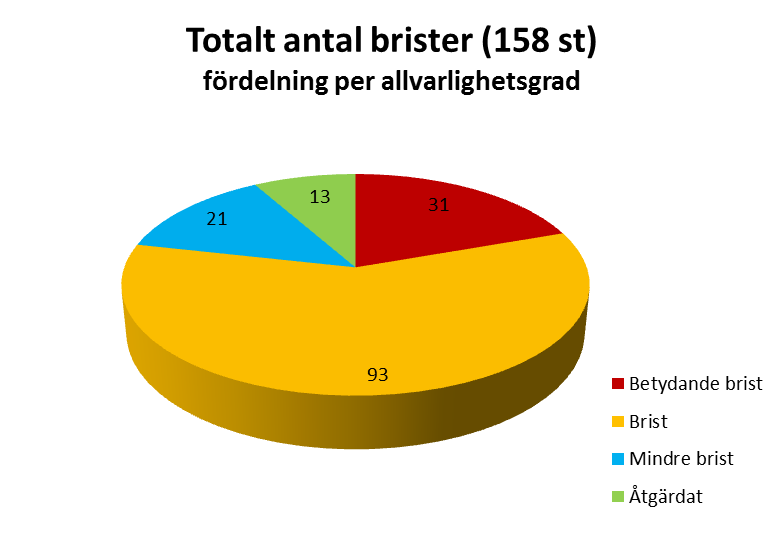 De brister som identifierades under besöken har i denna rapport sorterats in i respektive revisionsområde och presenteras i diagrammen nedan inom det område som bristen gällde.