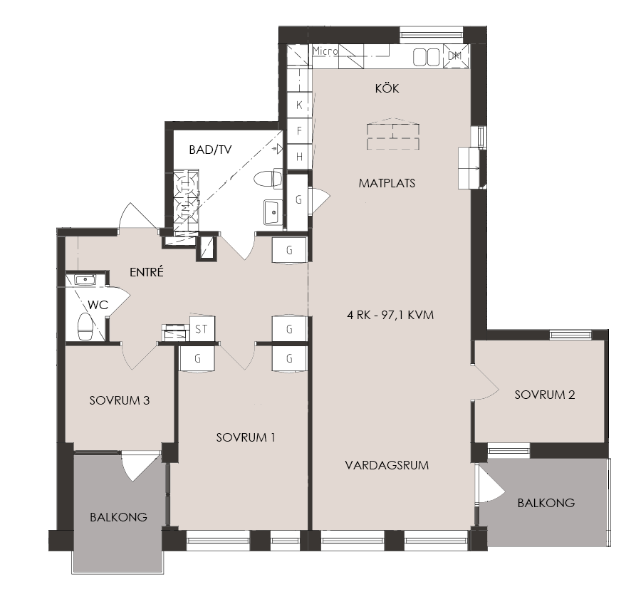 Exempel på planlösningar Standard i lägenheterna: Parkett alla golv, förutom badrum som har klinker Alla lägenheter får diskmaskin och tvättmaskin, liksom ugn och induktionshäll.