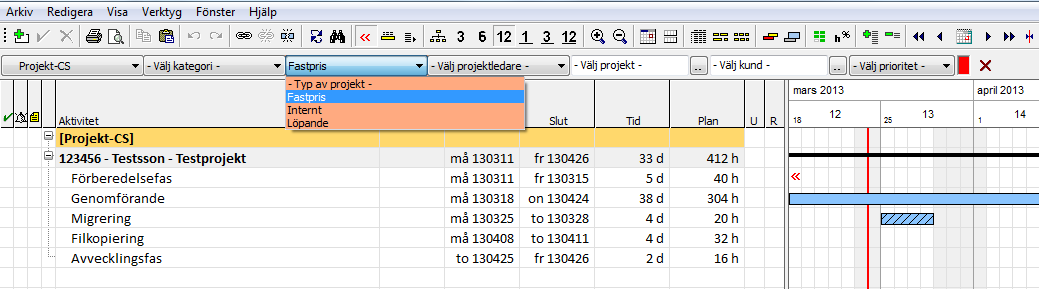 Projekt I ganttvyn kan du filtrera på Typ av projekt. Projektledare Man kan skapa en värdelista på projektledare på samma sätt som man gör för kategorier.