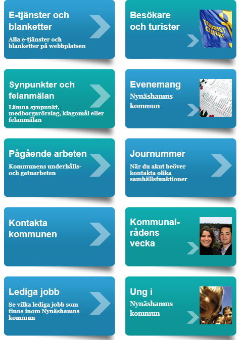 4. Innehåll, informations- och tjänsteutbud Besökare till kommunens hemsida möts av följande möjliga ingångar till de olika sidorna: Hemsidans primära struktur utgår ifrån de olika förvaltningarna.