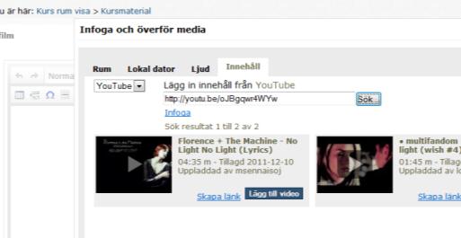Klicka på Infoga. I fönstret du ser nu klistrar du in länken till ditt Youtube klipp.
