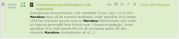 Att hantera träffarna När en artikel presenteras i Aitelluverktyget finns ett antal symboler och funktioner. Ikoner Artikelns rubrik är en länk till artikeln i ursprungskällan.