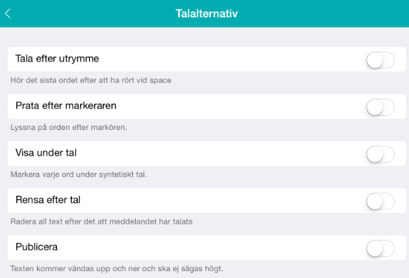 Talalternativ Tala efter mellanslag - På/Av Så fort ett valt ord från förslagsstickan läggs in i meddelanderutan or om ett skrivet ord har mellanslag inslaget, så kommer ordet automatiskt att uttalas