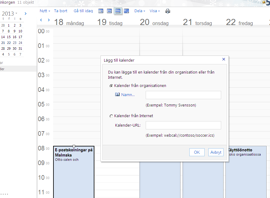 Kalender 4 Lägg till annans kalender Dela => Lägg till kalender Sök namn på person vars kalender du önskar se => Ok Kalendern visas sen i högra