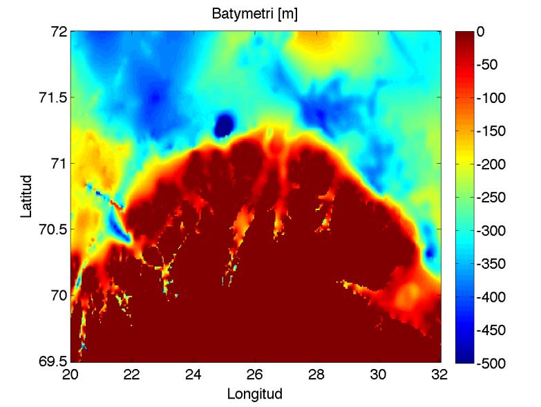 Figur 5: Batymetri (vattendjup) i området norr om Finnmarken. Bild: FOI. I dessa tre områden bestämdes ljudhastighetsprofiler för sommar respektive vintermånaderna genom medelvärdesbildning.
