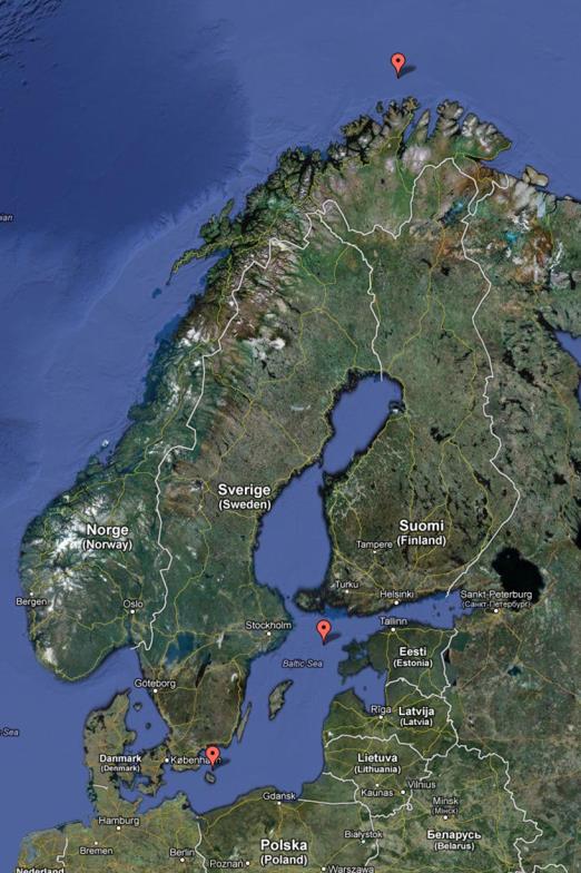 Figur 7: Karta med den utvalda punkten i Barents hav markeras tillsammans med de två referenspunkterna i Östersjön där punkt 1 är den norra punkten, och punkt 2 den södra (i Hanöbukten).