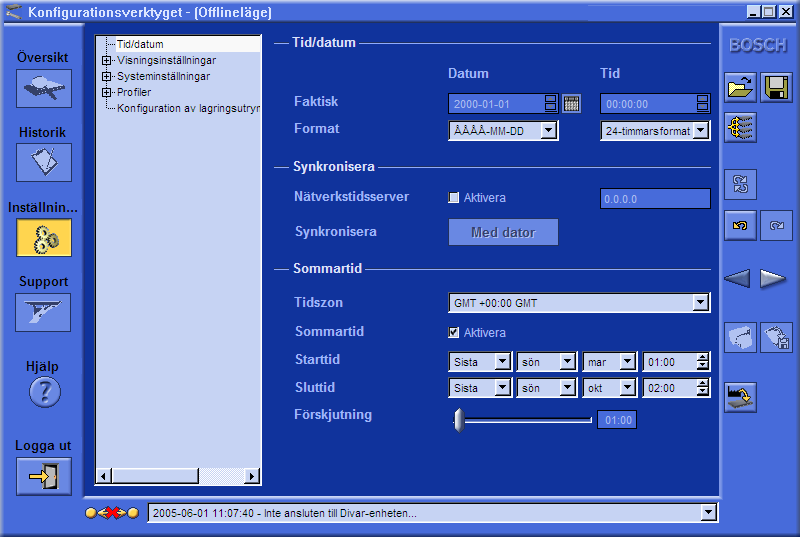 Divar Installationshandbok Använda Configuration Tool SV 6-5 Introduktion till huvudfönstret Fönstret Configuration Tool är indelat i 3 rutor Knapparna i den vänstra rutan är alltid tillgängliga.