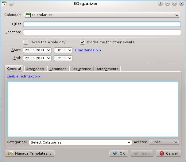 En skärmbild av KOrganizers dialogruta för att redigera händelser Det här är en utförlig beskrivning av de olika fälten och grafiska komponenterna i händelsefönstret.