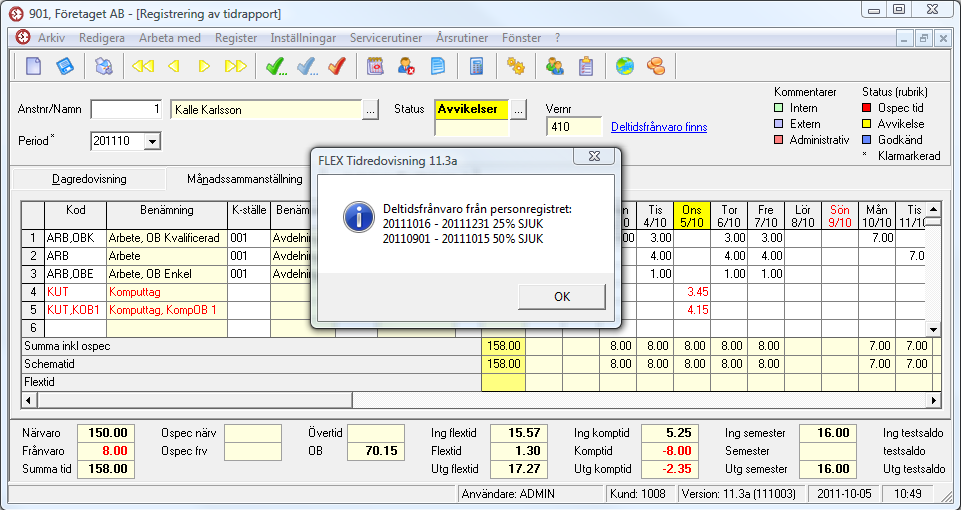 FLEX Tidredovisning - Användarmeddelande (november 2011) 5 Visa information om deltidsfrånvaro i periodsammanställningen För de som använder deltidsfrånvarofunktionen finns nu möjlighet att visa