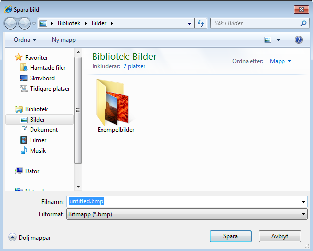 Då kommer detta fönster upp och man väljer här var man vill spara den och vilket namn bilden/filen ska ha.