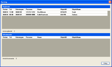 Varning Programmet upplyser dig om det finns uthyrningsobjekt som skulle ha lämnats ut eller in men som är försenade 30 min eller mer. Dessa uthyrningsobjekt listas i två listor likt In/Ut.