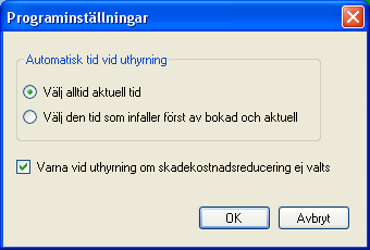 Programinställningar Under Programinställningar kan du göra två inställningar för uthyrning: Automatisk tid vid uthyrning och Varna vid uthyrning om skadekostnadsreducering ej valts.